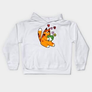 Calico Cat Loves Green Frog Kids Hoodie